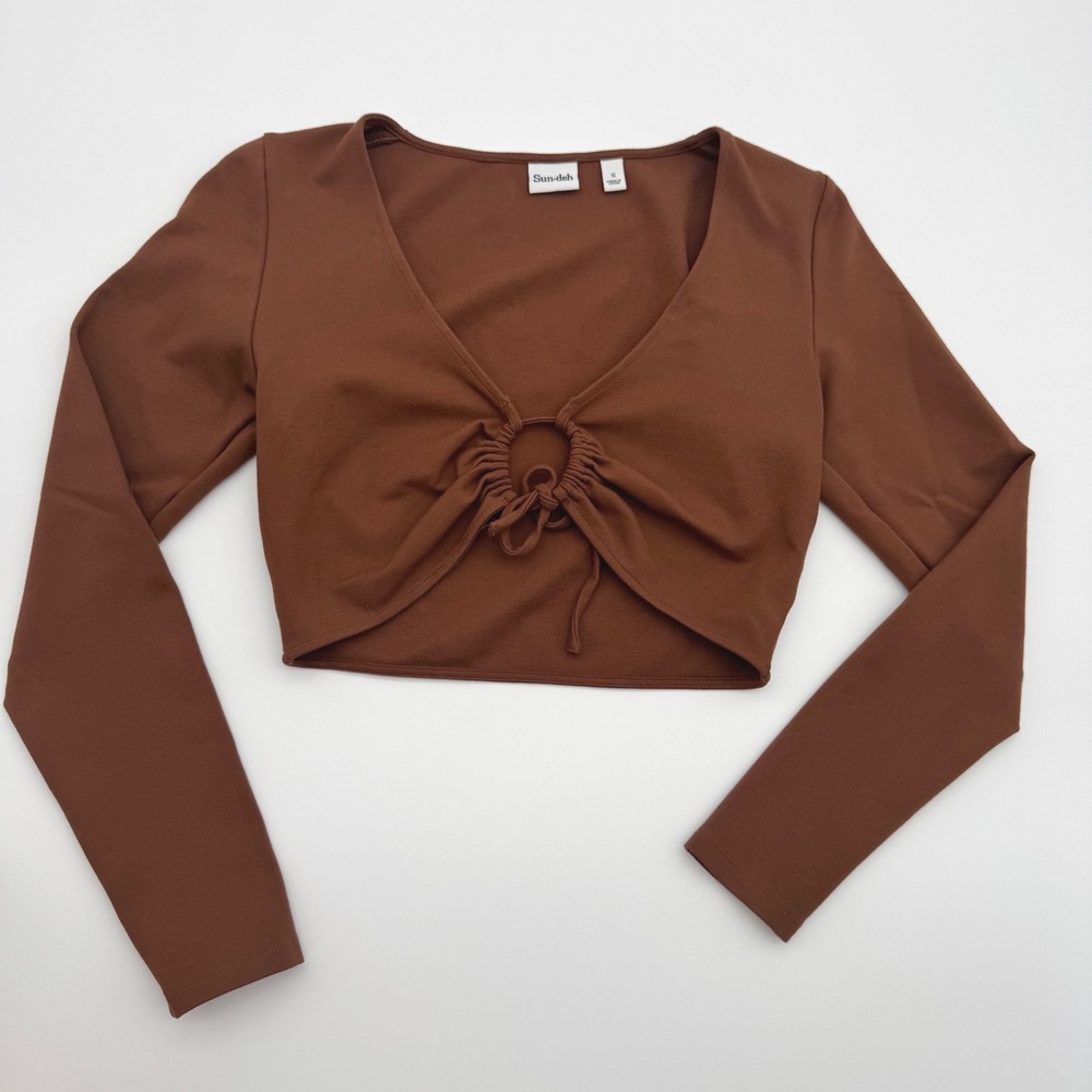 Sun-deh Sunday Best Aritzia Womens Brown O-Ring Tie-Front Long Sleeve Crop Top S